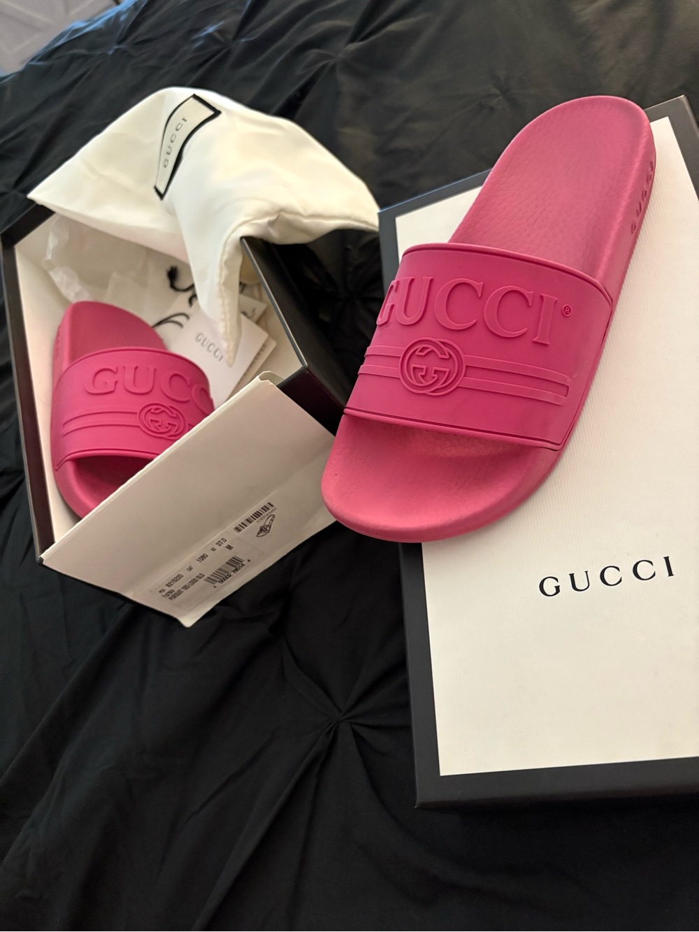 Gucci Hot Pink Rubber Logo Slide Sandals USED